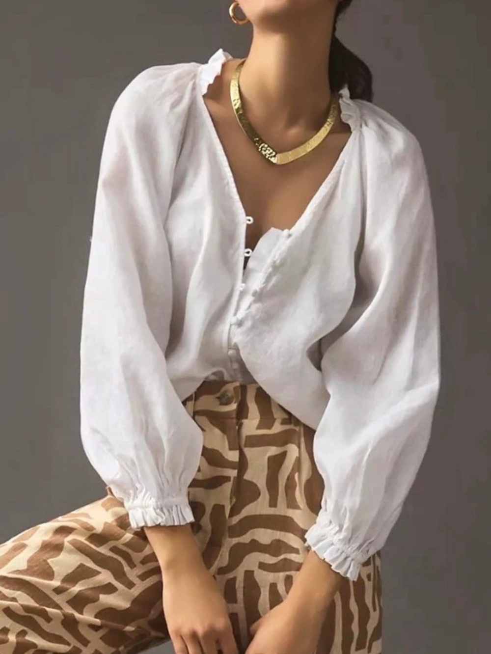 Anthropologie Maeve The Audie Linen Puff-Sleeve Blouse sz M oversized